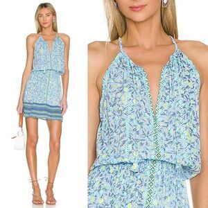 Poupette St Barth Carine Mini Dress Blue Lemon Floral Tassel Embroidery Size XS